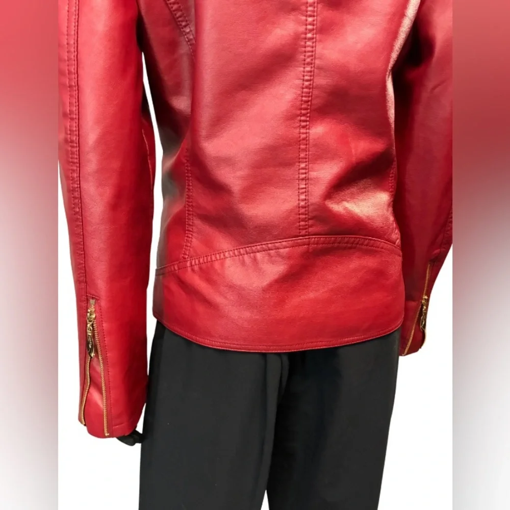 Women's Red faux Leather motorcycle Jacket - Picture 2 of 9